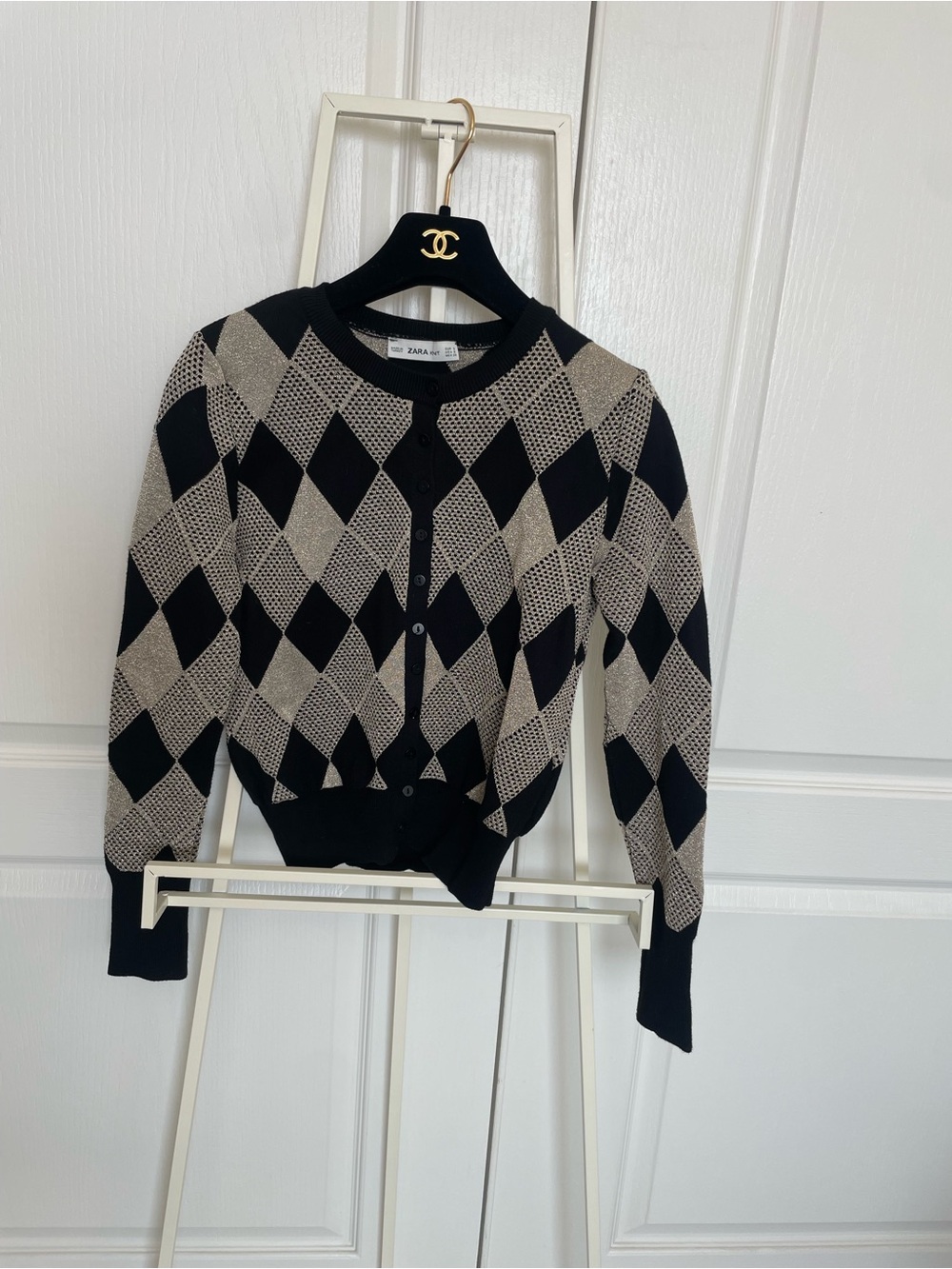 Zara Black and Gold Argyle Knit Cardigan